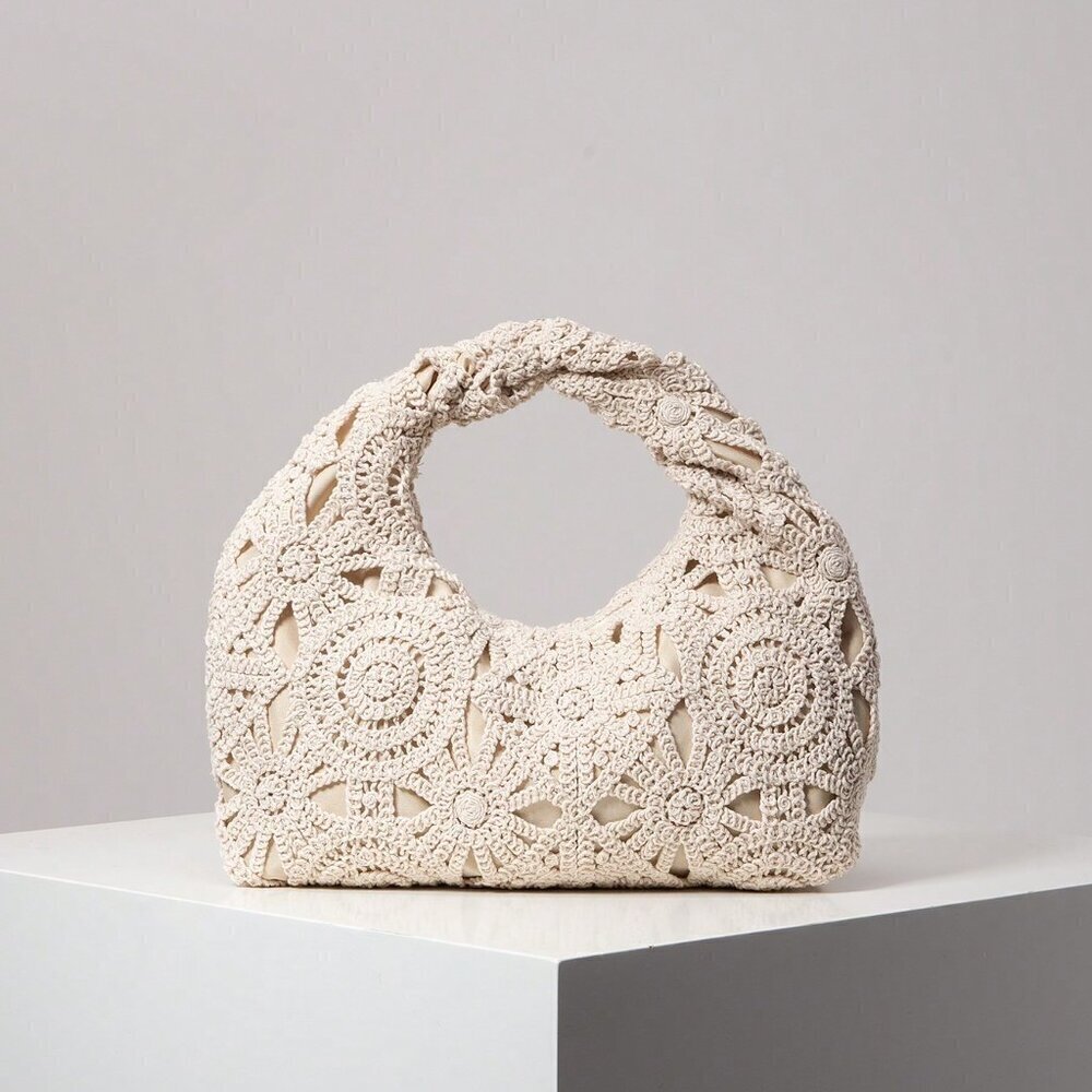 Apricot Boho Women's Hollow Floral Woven Bag